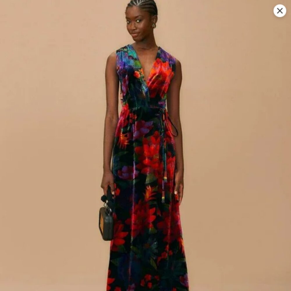 NEW Farm Rio Black Flower Season Maxi Wrap Velvet Dress Sz XS